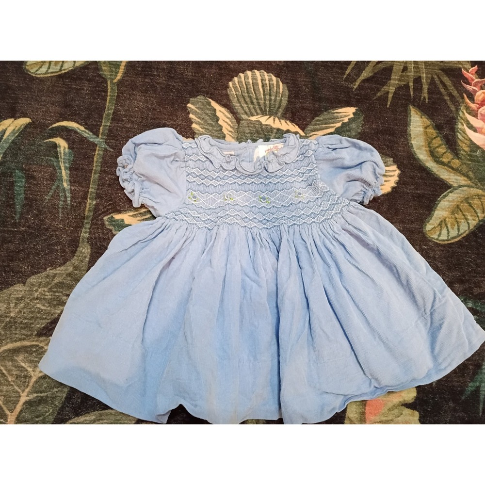 Smocked Threads Baby Girl Blue Smocked Dress Size 6M Puff Sleeve Embroidered...